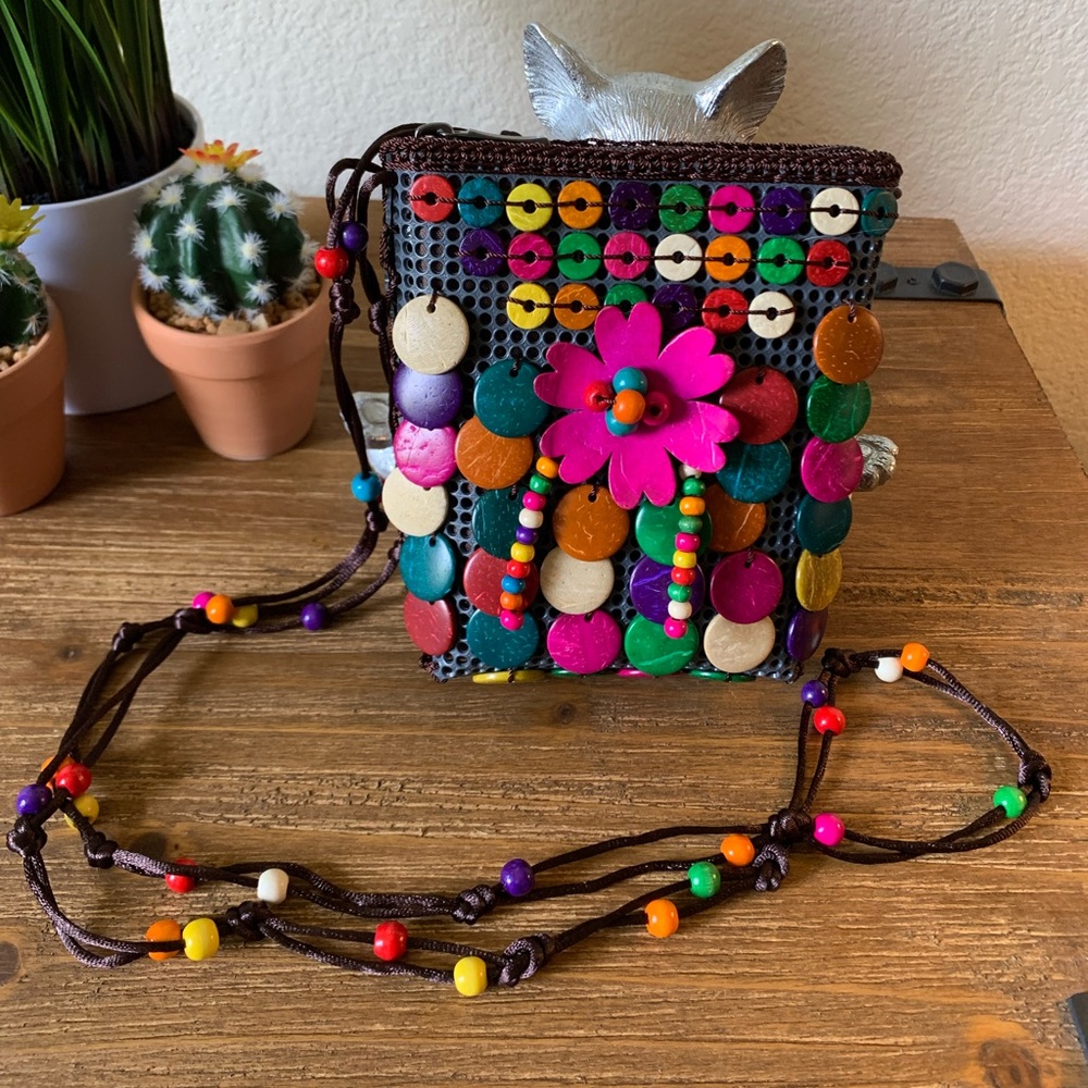 Beaded Multicolored Coconut Shell Mini Crossbody … - image 1